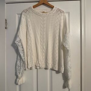 Umgee Cream Open-Knit Sweater with Lace Sleeves